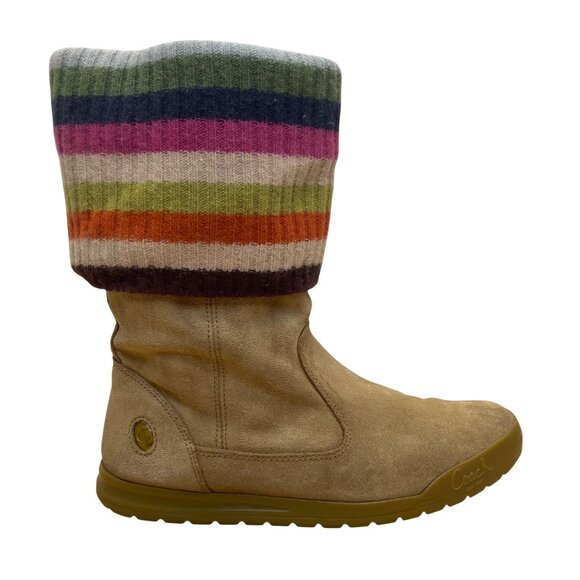 Coach Women’s Tan Suede Leather Multicolor Knit Fold-Over Tatum Boots Size 8.5M - Picture 1 of 11